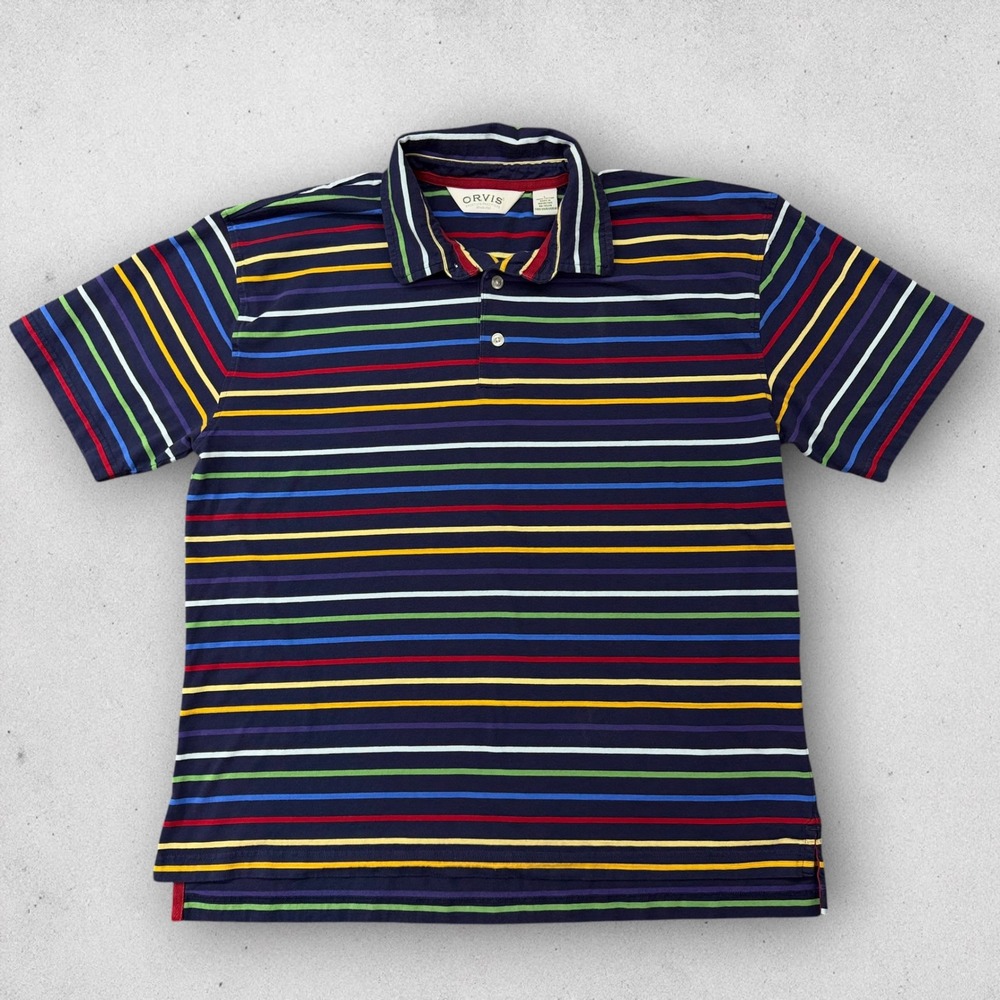 Orvis Polo Shirt Mens Large Navy Multicolor Striped 100% Cotton Golf Preppy Y2K
